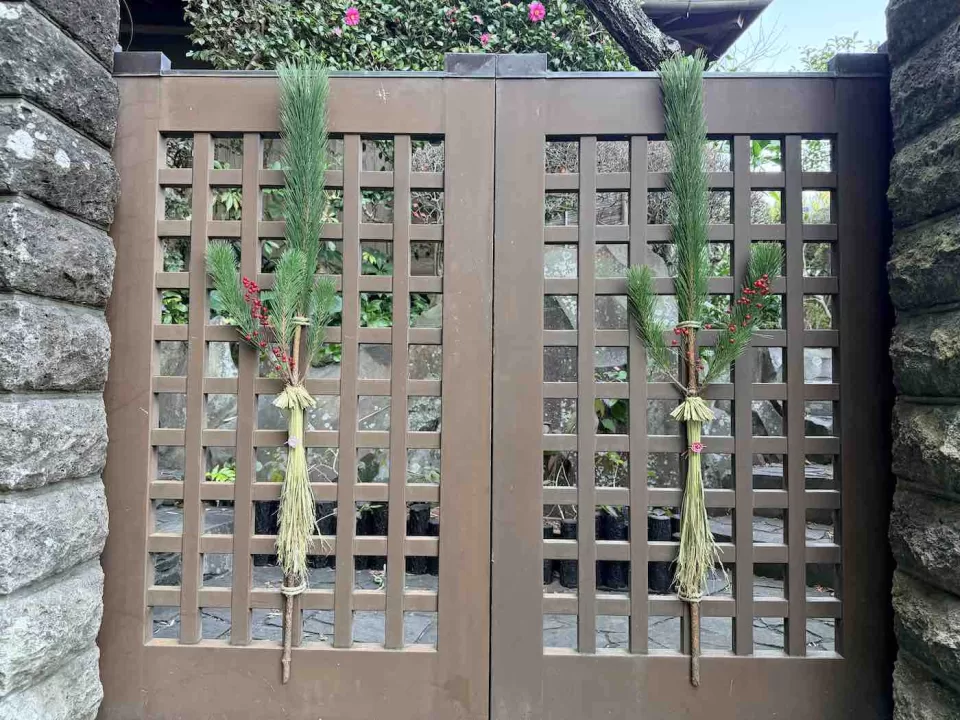 大磯町のお客様に納品した松飾りを正面から見た様子。若松と稲藁と水引でシンプルにアレンジ。