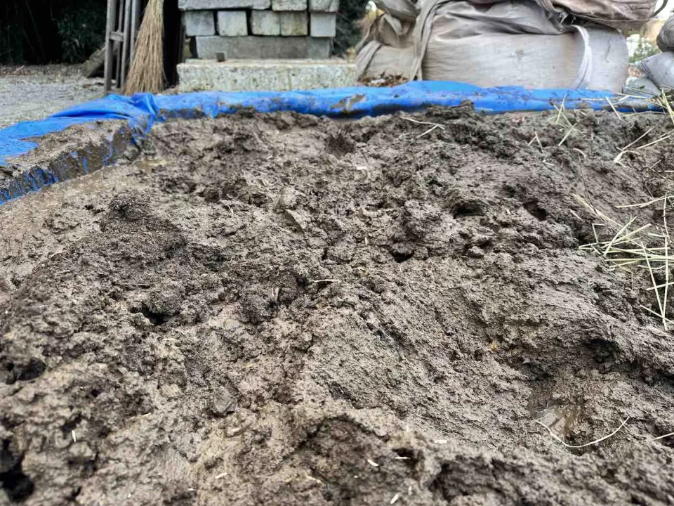 茅ヶ崎市の茅葺きの四阿施工の下準備で、土壁に使う粘土を練っている様子